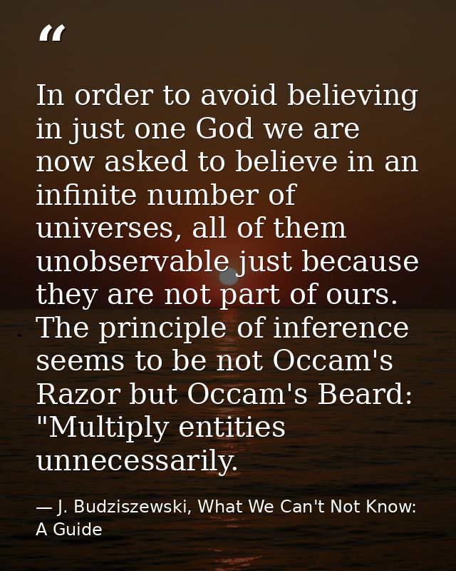 In order to avoid believing in just one God we are now asked to believe in an infinite number of universes, all of them  — J. Budziszewski, What We Can't Not Know: A Guide