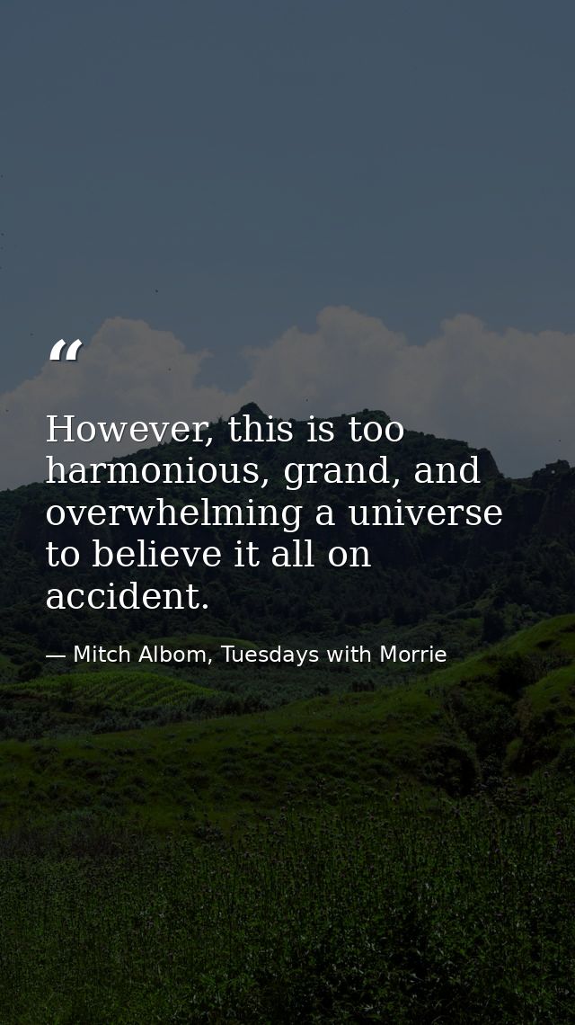 However, this is too harmonious, grand, and overwhelming a universe to believe it all on accident. — Mitch Albom, Tuesdays with Morrie
