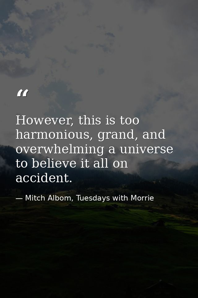 However, this is too harmonious, grand, and overwhelming a universe to believe it all on accident. — Mitch Albom, Tuesdays with Morrie