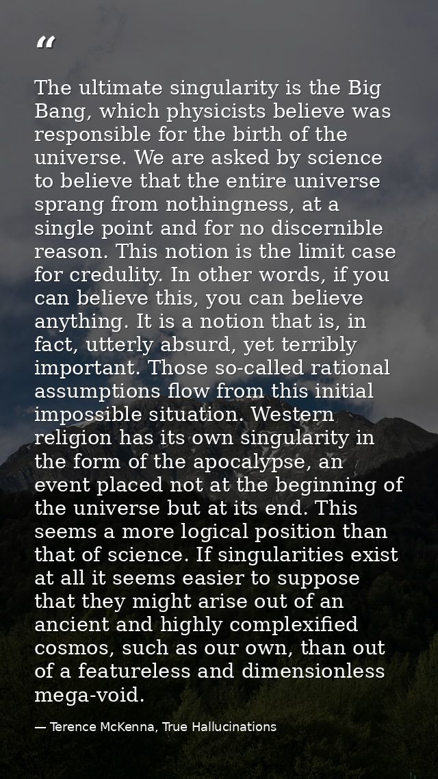 The ultimate singularity is the Big Bang, which physicists believe was responsible for the birth of the universe. We are — Terence McKenna, True Hallucinations