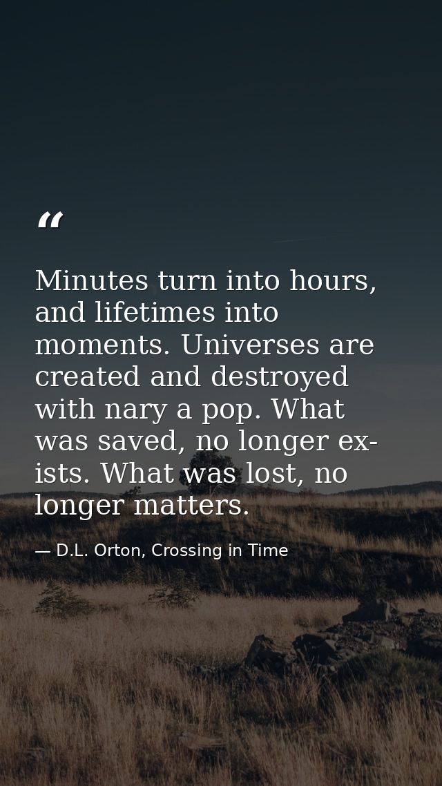 Minutes turn into hours, and lifetimes into moments. Universes are created and destroyed with nary a pop. What was saved — D.L. Orton, Crossing in Time