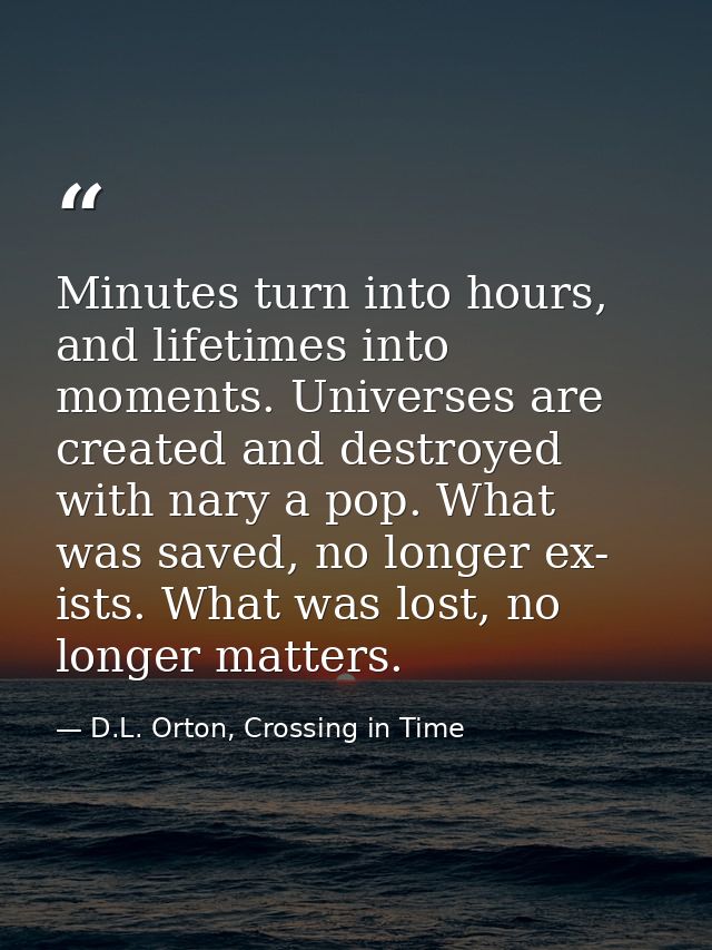 Minutes turn into hours, and lifetimes into moments. Universes are created and destroyed with nary a pop. What was saved — D.L. Orton, Crossing in Time