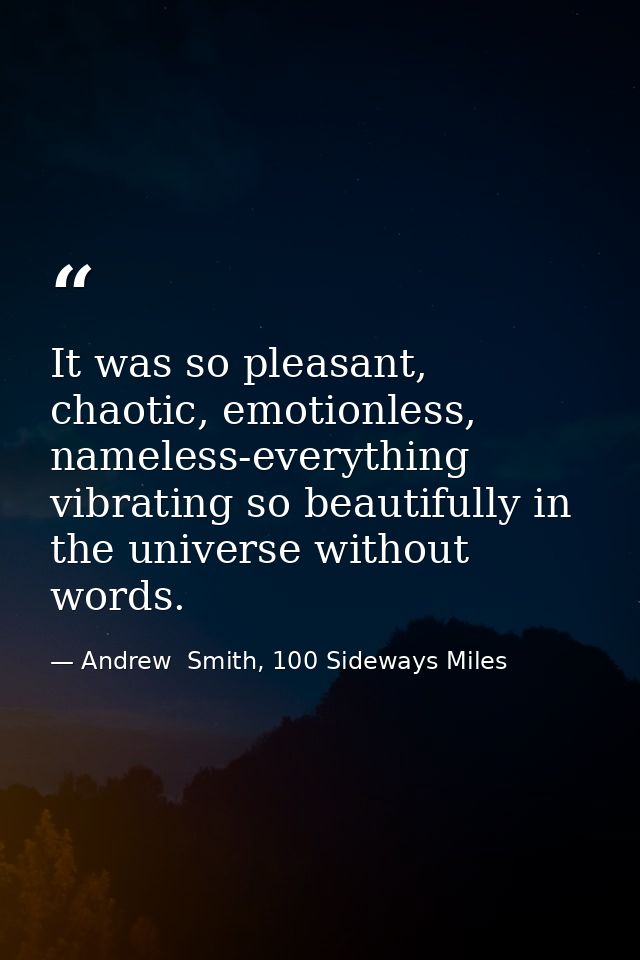 It was so pleasant, chaotic, emotionless, nameless-everything vibrating so beautifully in the universe without words. — Andrew  Smith, 100 Sideways Miles