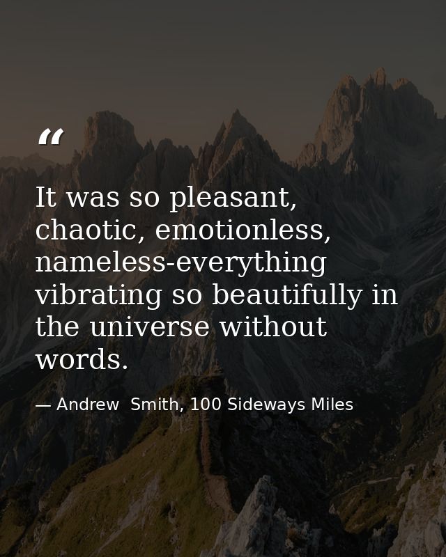 It was so pleasant, chaotic, emotionless, nameless-everything vibrating so beautifully in the universe without words. — Andrew  Smith, 100 Sideways Miles