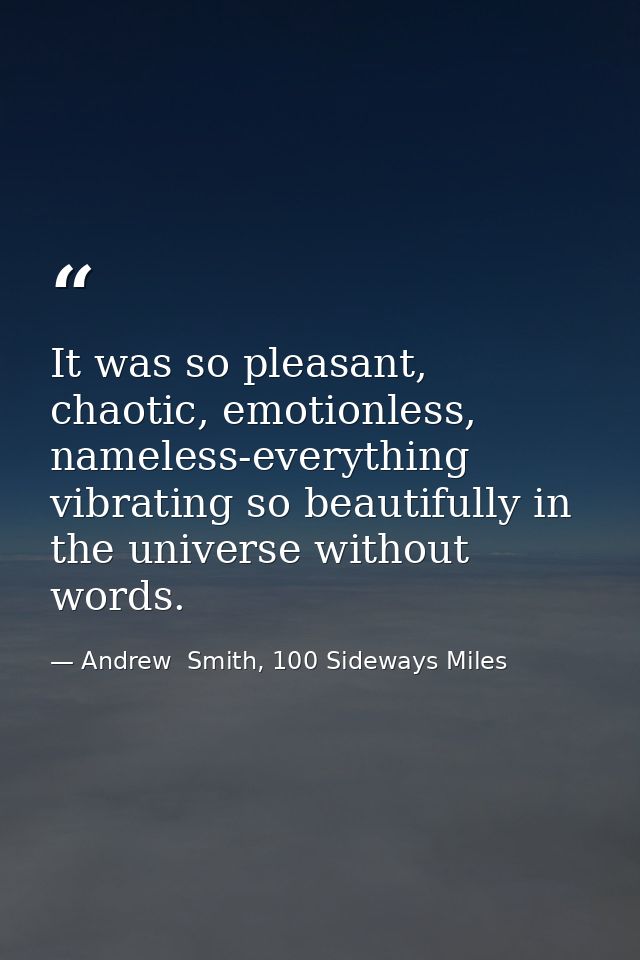 It was so pleasant, chaotic, emotionless, nameless-everything vibrating so beautifully in the universe without words. — Andrew  Smith, 100 Sideways Miles