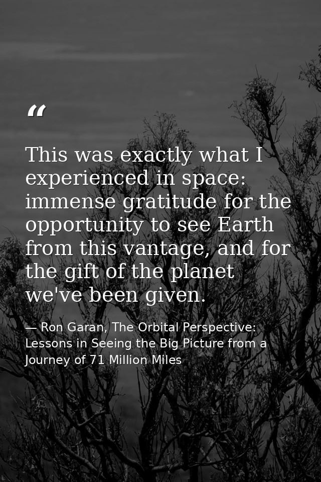 This was exactly what I experienced in space: immense gratitude for the opportunity to see Earth from this vantage, and  — Ron Garan, The Orbital Perspective: Lessons in Seeing the Big Picture from a Journey of 71 Million Miles