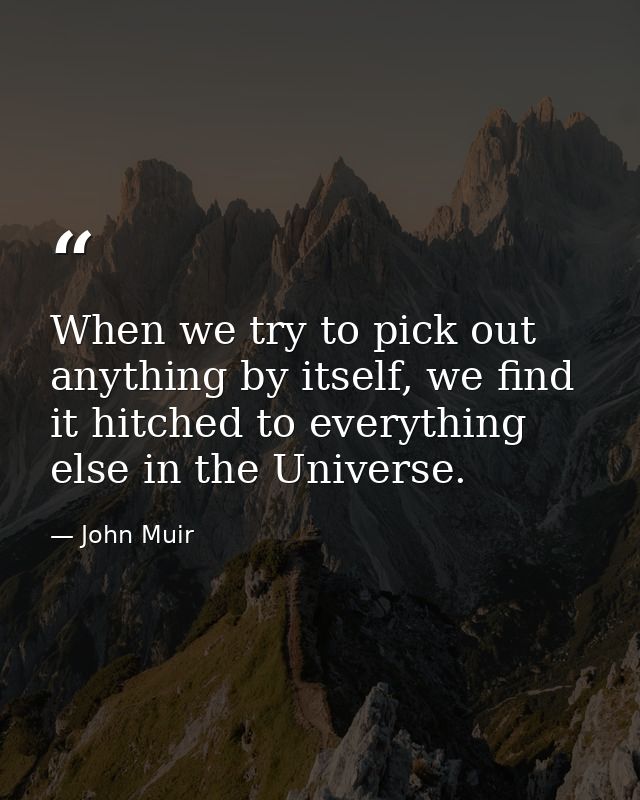 When we try to pick out any­thing by itself, we find it hitched to every­thing else in the Uni­verse. — John Muir