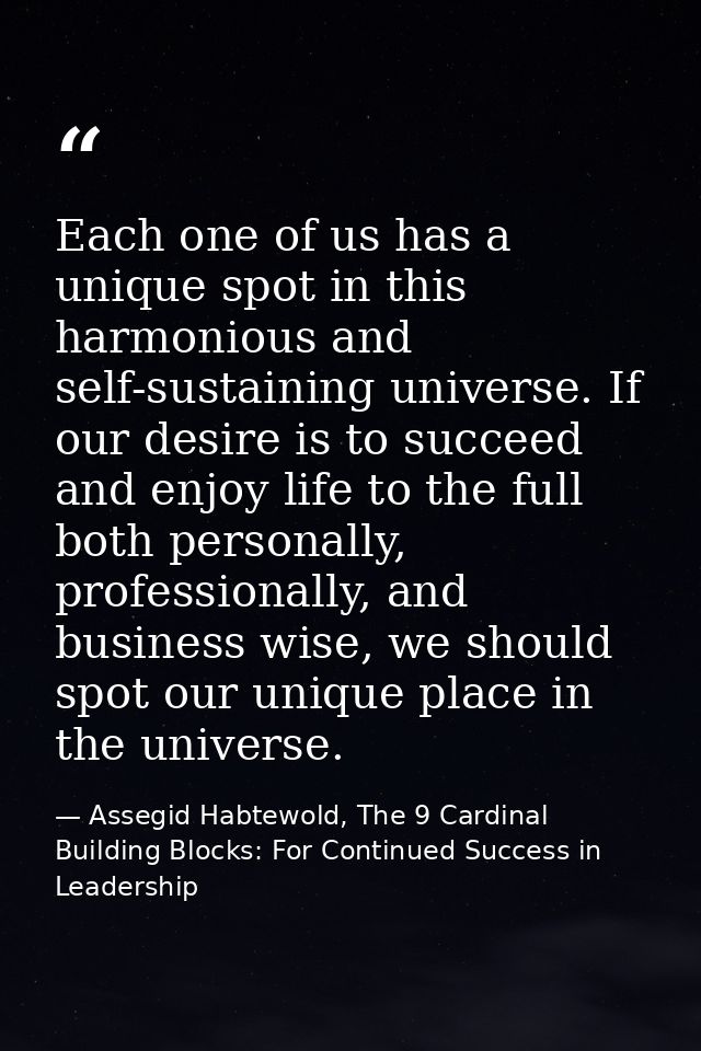 Each one of us has a unique spot in this harmonious and self-sustaining universe. If our desire is to succeed and enjoy  — Assegid Habtewold, The 9 Cardinal Building Blocks: For Continued Success in Leadership