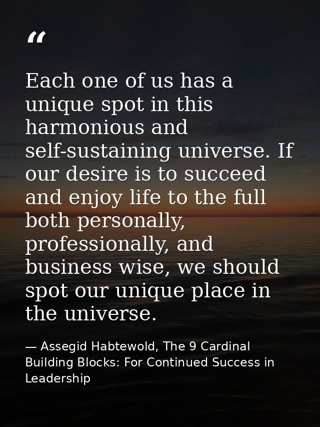 Each one of us has a unique spot in this harmonious and self-sustaining universe. If our desire is to succeed and enjoy  — Assegid Habtewold, The 9 Cardinal Building Blocks: For Continued Success in Leadership