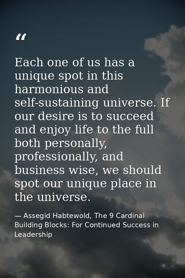 Each one of us has a unique spot in this harmonious and self-sustaining universe. If our desire is to succeed and enjoy  — Assegid Habtewold, The 9 Cardinal Building Blocks: For Continued Success in Leadership