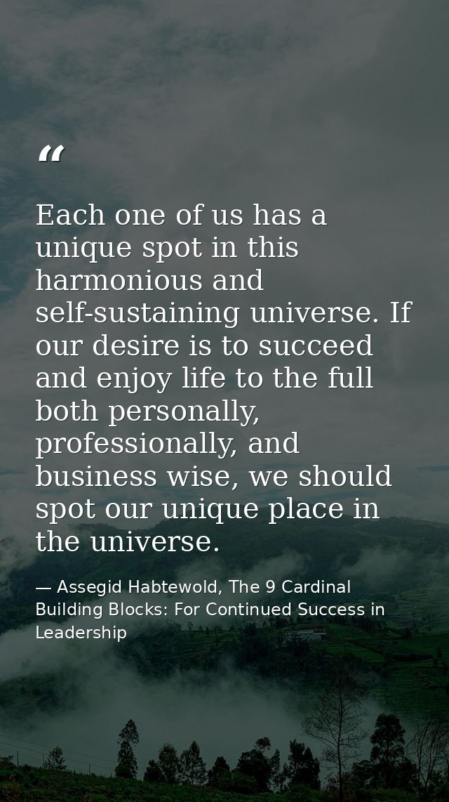 Each one of us has a unique spot in this harmonious and self-sustaining universe. If our desire is to succeed and enjoy  — Assegid Habtewold, The 9 Cardinal Building Blocks: For Continued Success in Leadership