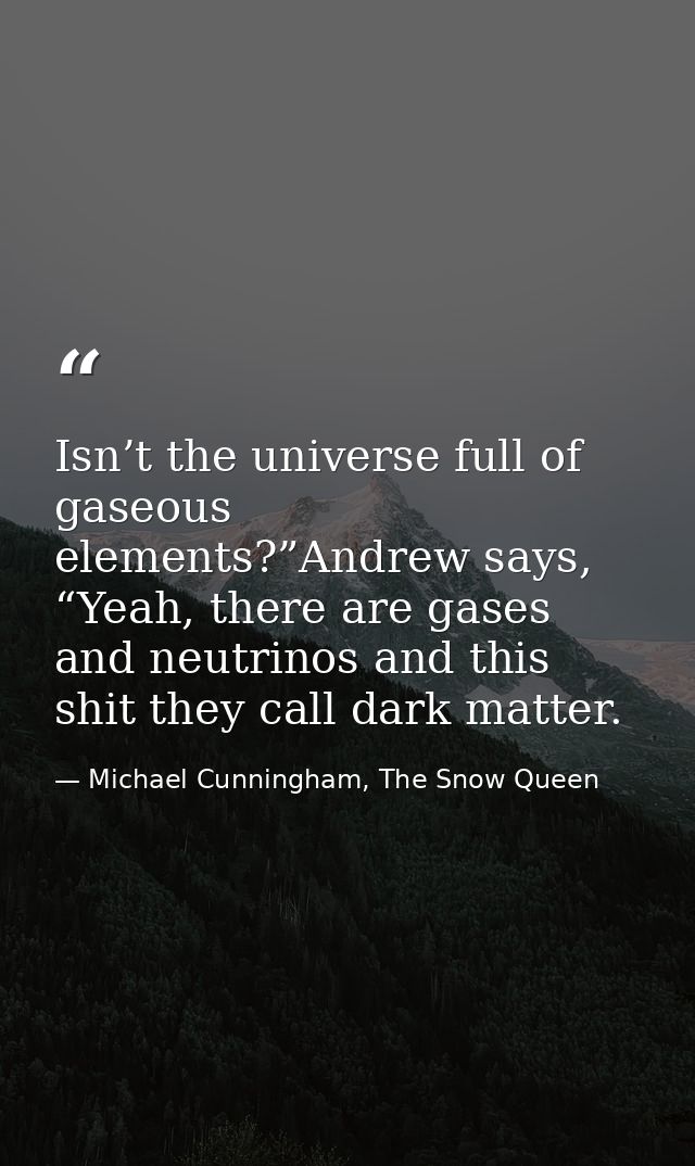 Isn’t the universe full of gaseous elements?”Andrew says, “Yeah, there are gases and neutrinos and this shit they call d — Michael Cunningham, The Snow Queen