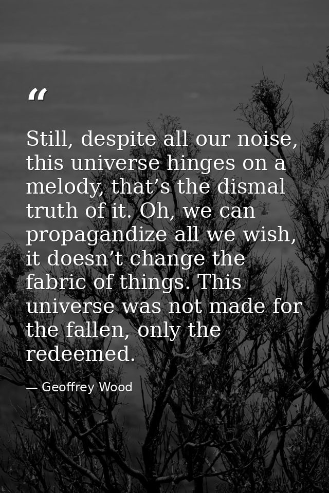 Still, despite all our noise, this universe hinges on a melody, that’s the dismal truth of it. Oh, we can propagandize a — Geoffrey Wood