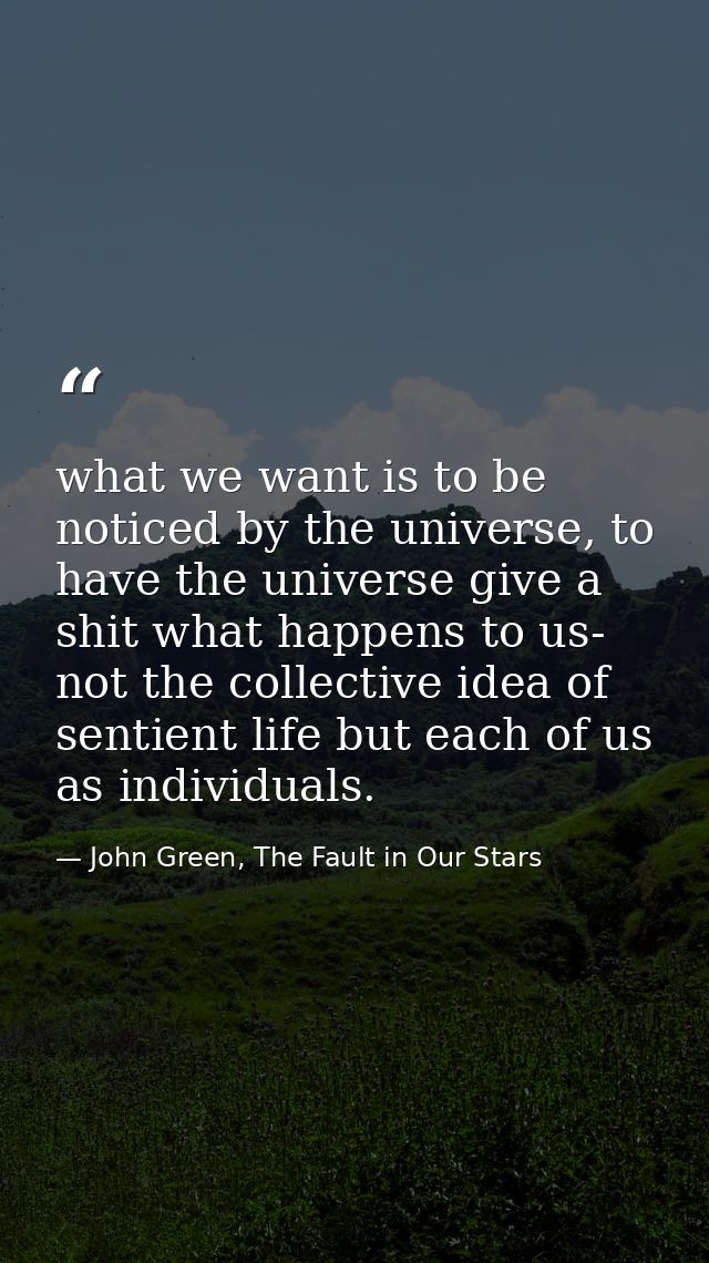 what we want is to be noticed by the universe, to have the universe give a shit what happens to us- not the collective i — John Green, The Fault in Our Stars