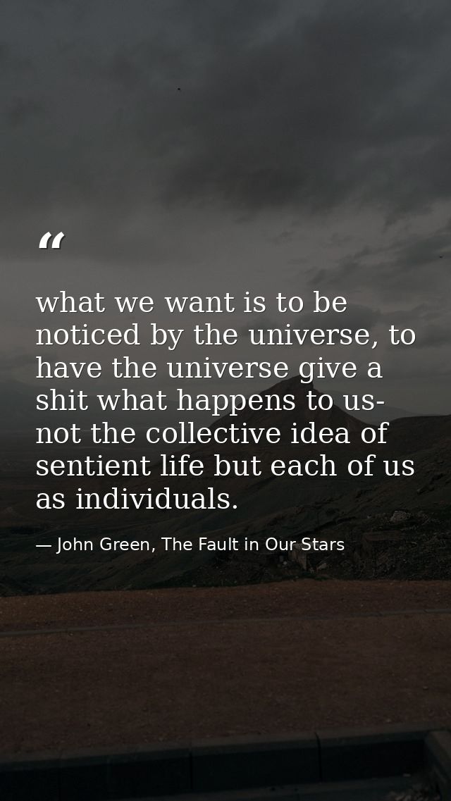 what we want is to be noticed by the universe, to have the universe give a shit what happens to us- not the collective i — John Green, The Fault in Our Stars
