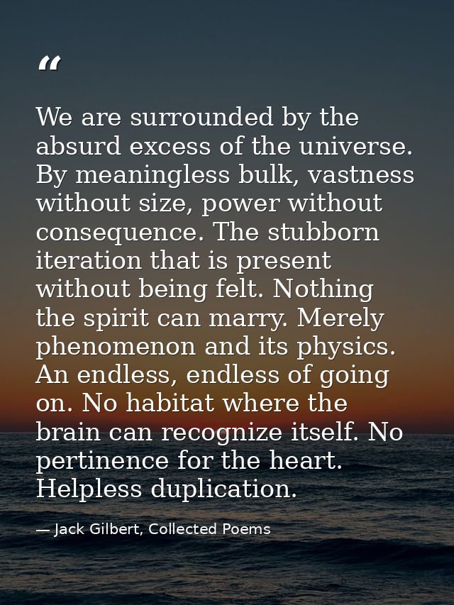 We are surrounded by the absurd excess of the universe. By meaningless bulk, vastness without size, power without conseq — Jack Gilbert, Collected Poems