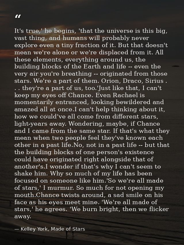 It's true,' he begins, 'that the universe is this big, vast thing, and humans will probably never explore even a tiny fr — Kelley York, Made of Stars
