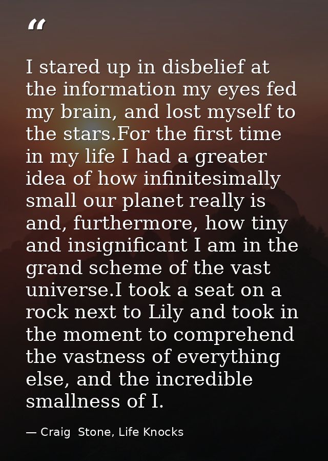 I stared up in disbelief at the information my eyes fed my brain, and lost myself to the stars.For the first time in my  — Craig  Stone, Life Knocks