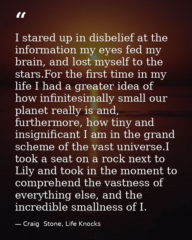 I stared up in disbelief at the information my eyes fed my brain, and lost myself to the stars.For the first time in my  — Craig  Stone, Life Knocks