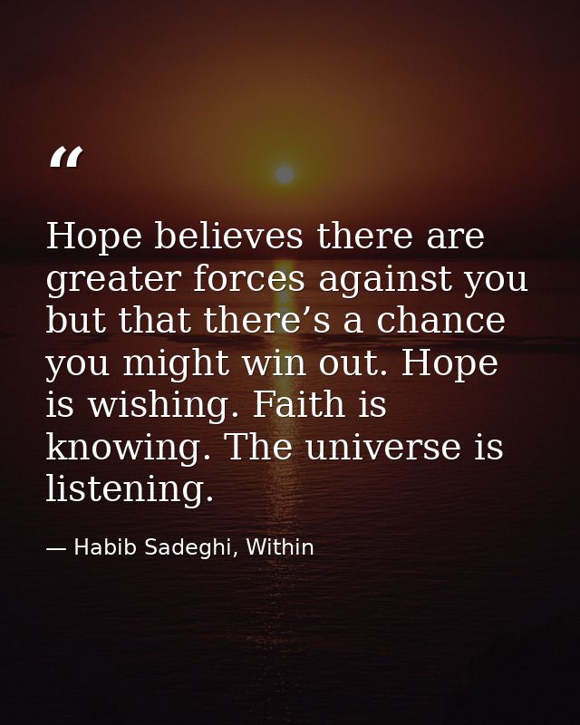 Hope believes there are greater forces against you but that there’s a chance you might win out. Hope is wishing. Faith i — Habib Sadeghi, Within