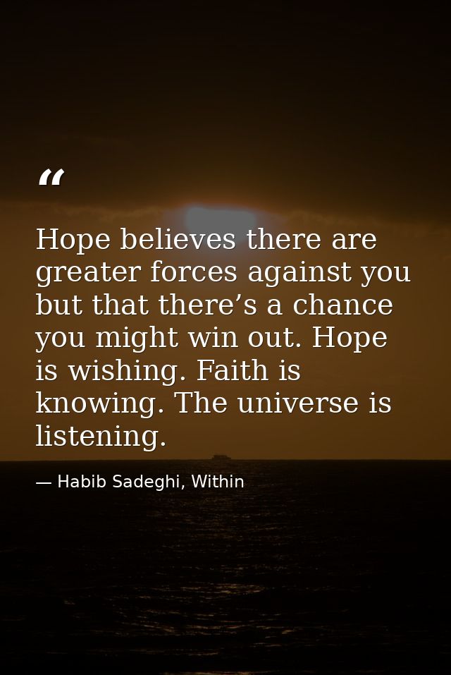 Hope believes there are greater forces against you but that there’s a chance you might win out. Hope is wishing. Faith i — Habib Sadeghi, Within