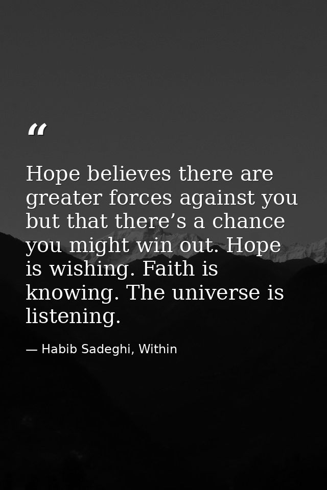 Hope believes there are greater forces against you but that there’s a chance you might win out. Hope is wishing. Faith i — Habib Sadeghi, Within