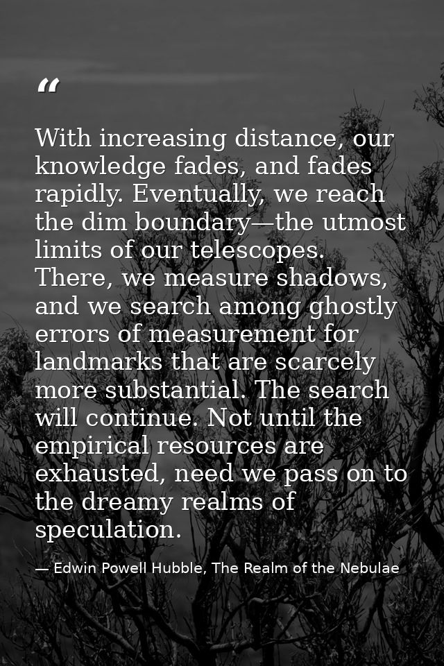 With increasing distance, our knowledge fades, and fades rapidly. Eventually, we reach the dim boundary—the utmost limit — Edwin Powell Hubble, The Realm of the Nebulae