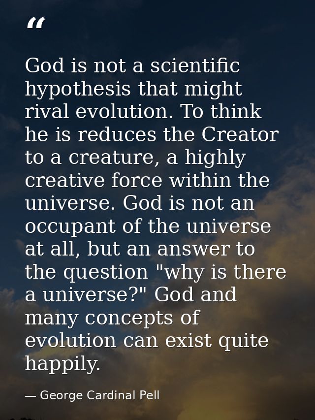 God is not a scientific hypothesis that might rival evolution. To think he is reduces the Creator to a creature, a highl — George Cardinal Pell