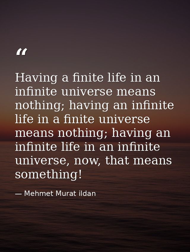 Having a finite life in an infinite universe means nothing; having an infinite life in a finite universe means nothing;  — Mehmet Murat ildan