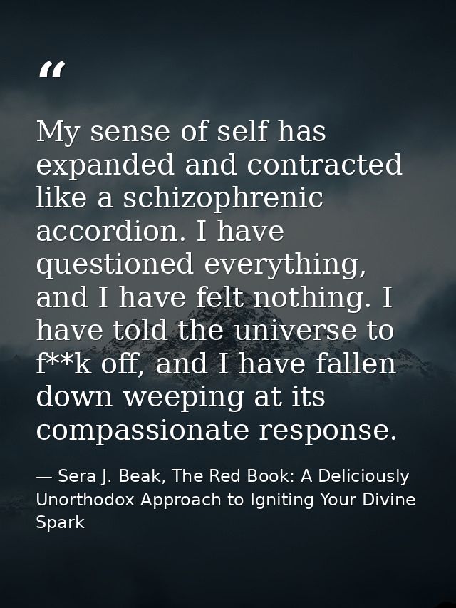 My sense of self has expanded and contracted like a schizophrenic accordion. I have questioned everything, and I have fe — Sera J. Beak, The Red Book: A Deliciously Unorthodox Approach to Igniting Your Divine Spark