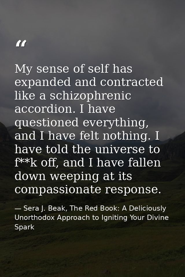 My sense of self has expanded and contracted like a schizophrenic accordion. I have questioned everything, and I have fe — Sera J. Beak, The Red Book: A Deliciously Unorthodox Approach to Igniting Your Divine Spark