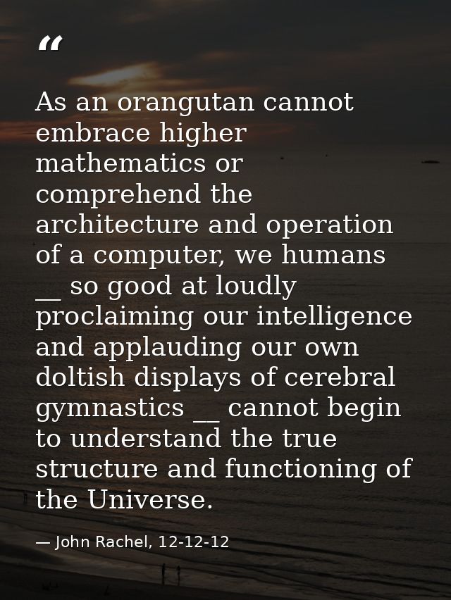 As an orangutan cannot embrace higher mathematics or comprehend the architecture and operation of a computer, we humans  — John Rachel, 12-12-12