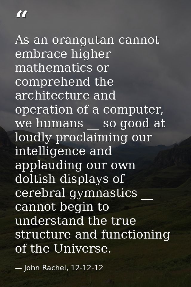 As an orangutan cannot embrace higher mathematics or comprehend the architecture and operation of a computer, we humans  — John Rachel, 12-12-12