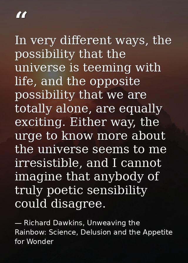 In very different ways, the possibility that the universe is teeming with life, and the opposite possibility that we are — Richard Dawkins, Unweaving the Rainbow: Science, Delusion and the Appetite for Wonder