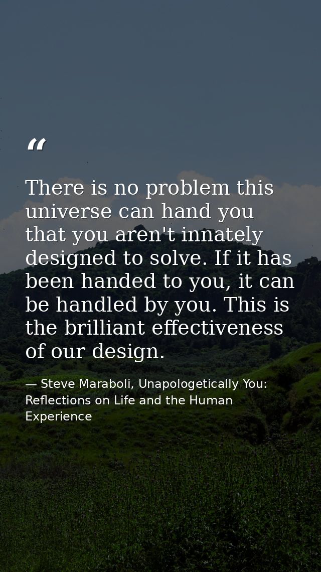 There is no problem this universe can hand you that you aren't innately designed to solve. If it has been handed to you, — Steve Maraboli, Unapologetically You: Reflections on Life and the Human Experience
