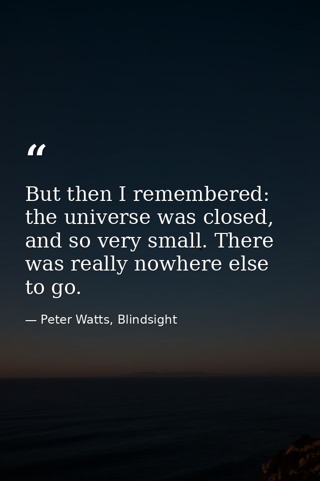 But then I remembered: the universe was closed, and so very small. There was really nowhere else to go. — Peter Watts, Blindsight