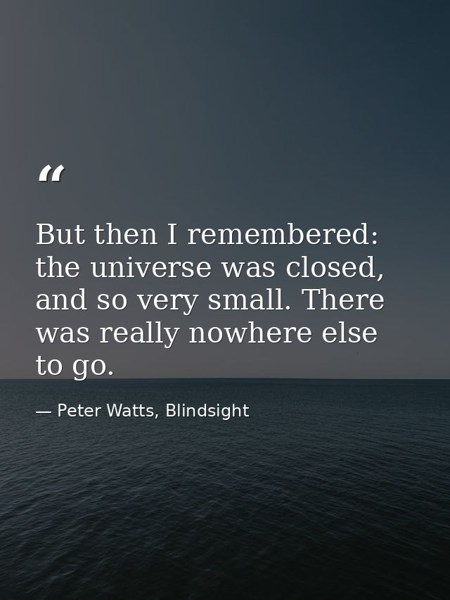 But then I remembered: the universe was closed, and so very small. There was really nowhere else to go. — Peter Watts, Blindsight