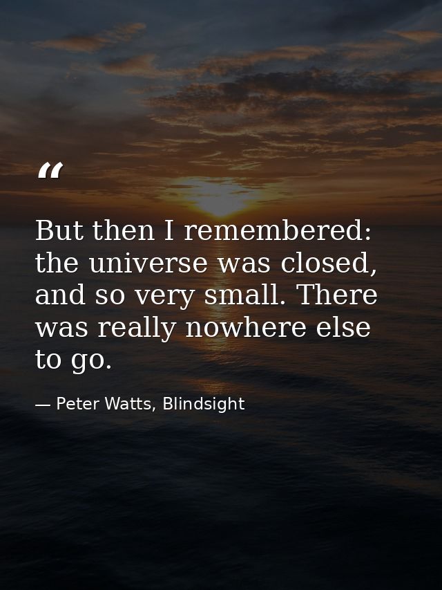 But then I remembered: the universe was closed, and so very small. There was really nowhere else to go. — Peter Watts, Blindsight