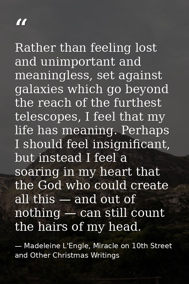 Rather than feeling lost and unimportant and meaningless, set against galaxies which go beyond the reach of the furthest — Madeleine L'Engle, Miracle on 10th Street and Other Christmas Writings