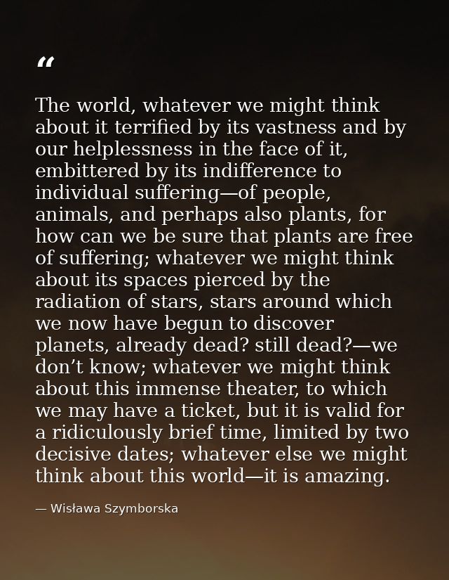 The world, whatever we might think about it terrified by its vastness and by our helplessness in the face of it, embitte — Wisława Szymborska