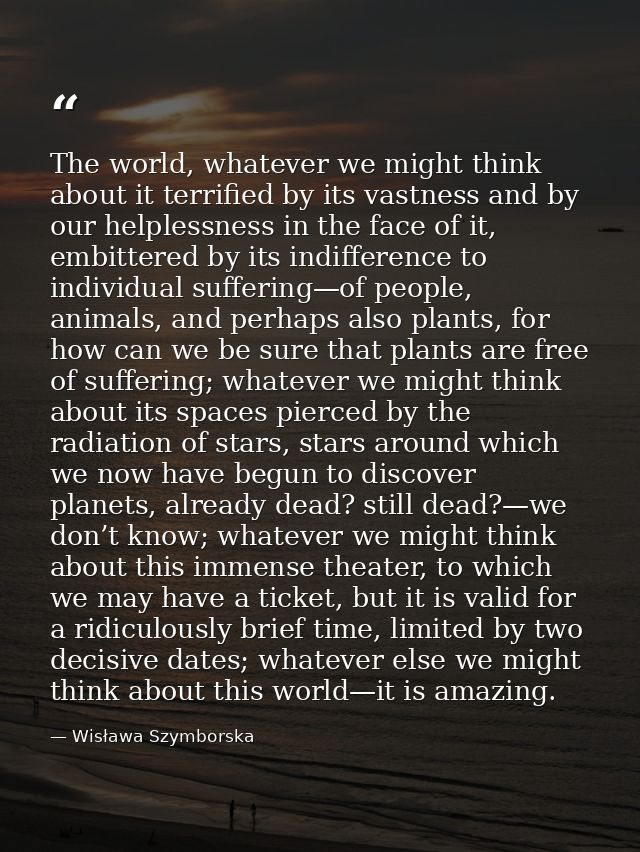 The world, whatever we might think about it terrified by its vastness and by our helplessness in the face of it, embitte — Wisława Szymborska
