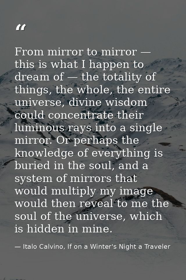 From mirror to mirror — this is what I happen to dream of — the totality of things, the whole, the entire universe, divi — Italo Calvino, If on a Winter's Night a Traveler
