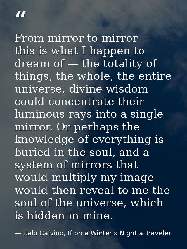 From mirror to mirror — this is what I happen to dream of — the totality of things, the whole, the entire universe, divi — Italo Calvino, If on a Winter's Night a Traveler