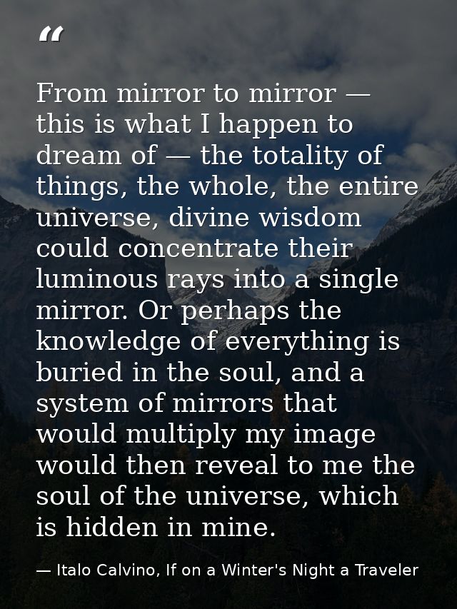 From mirror to mirror — this is what I happen to dream of — the totality of things, the whole, the entire universe, divi — Italo Calvino, If on a Winter's Night a Traveler