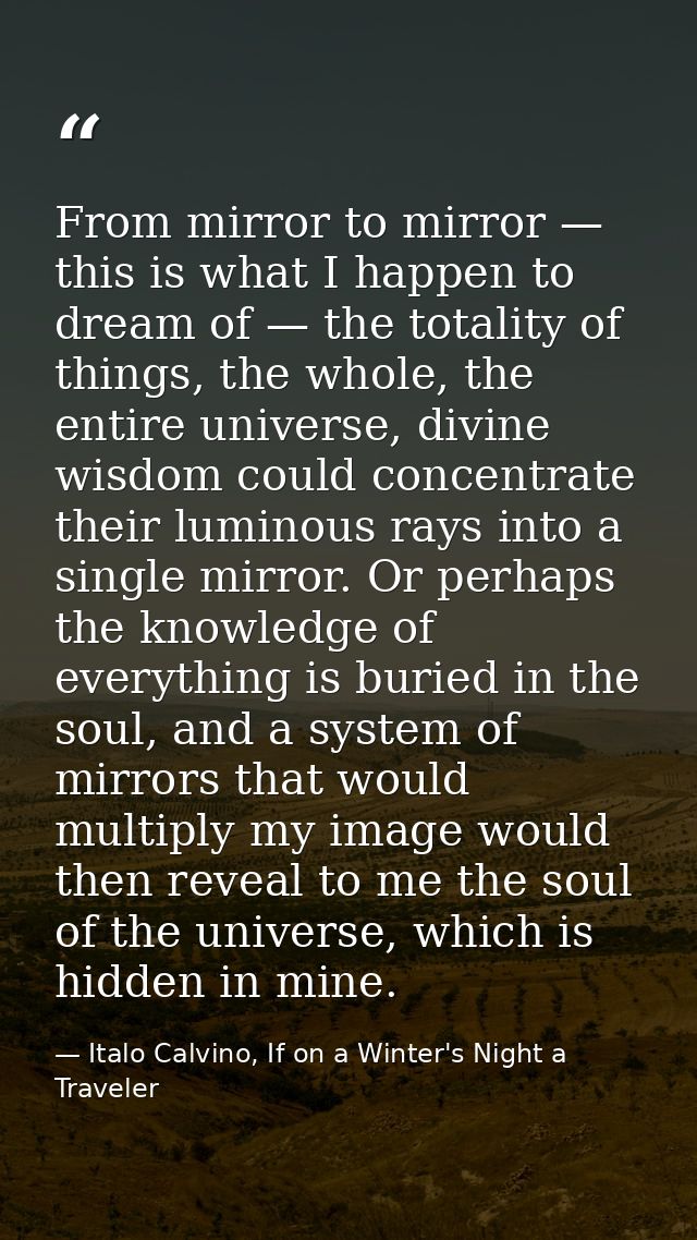 From mirror to mirror — this is what I happen to dream of — the totality of things, the whole, the entire universe, divi — Italo Calvino, If on a Winter's Night a Traveler