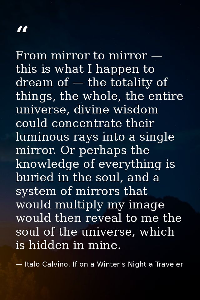 From mirror to mirror — this is what I happen to dream of — the totality of things, the whole, the entire universe, divi — Italo Calvino, If on a Winter's Night a Traveler