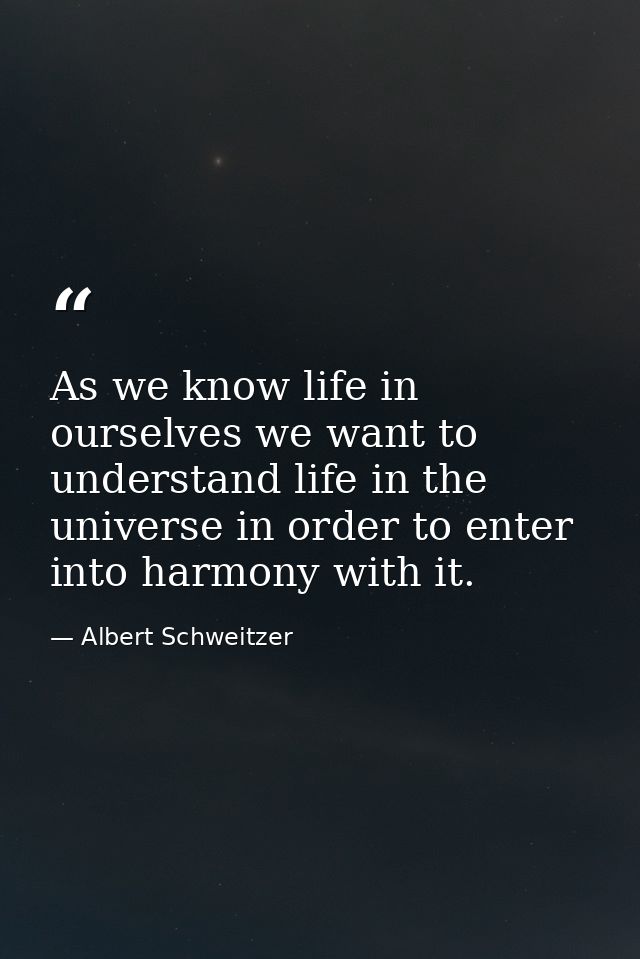 As we know life in ourselves we want to understand life in the universe in order to enter into harmony with it. — Albert Schweitzer