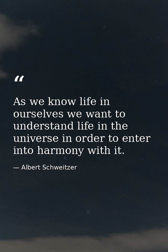 As we know life in ourselves we want to understand life in the universe in order to enter into harmony with it. — Albert Schweitzer