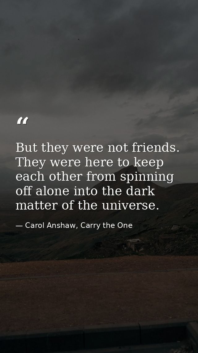 But they were not friends. They were here to keep each other from spinning off alone into the dark matter of the univers — Carol Anshaw, Carry the One