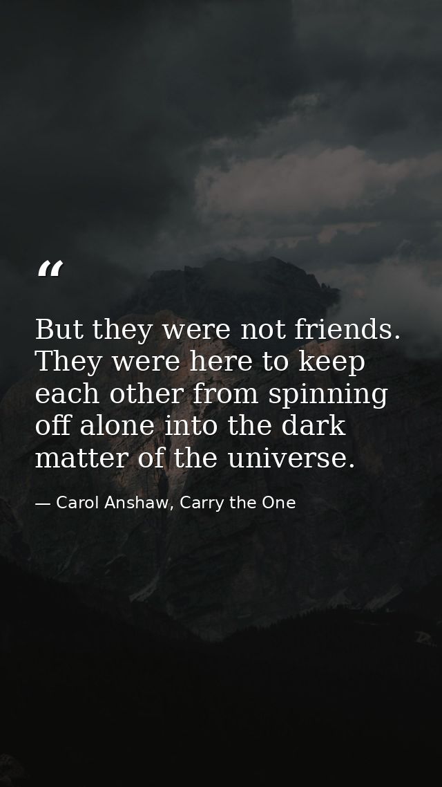 But they were not friends. They were here to keep each other from spinning off alone into the dark matter of the univers — Carol Anshaw, Carry the One